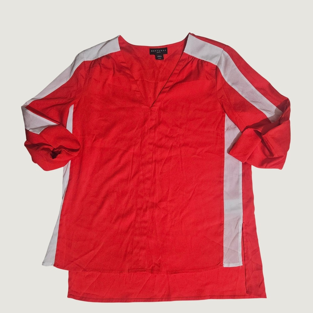 Metaphor Petite Red V-Neck Blouse White Contrast Trim Top MP